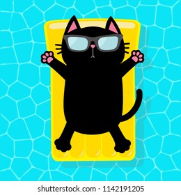 Black cat floating on yellow pool float water mattress. Swimming pool. Top air view. Hello Summer. Sunglasses. Lifebuoy. Cute cartoon relaxing character. Flat design. Vector illustration