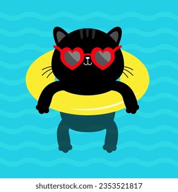 Black cat floating on yellow pool float water circle. Top air view. Hello Summer. Swimming pool sea ocean water. Heart sunglasses. Lifebuoy. Cute cartoon relaxing character. Flat design. Vector