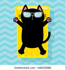 Black cat floating on yellow air pool water mattress. Cute cartoon relaxing character. Sunglasses. Summer time. Sea Ocean water with zigzag waves. Blue background. Flat design. Vector illustration