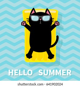 Black cat floating on yellow air pool water mattress. Cute cartoon relaxing character. Sunglasses. Hello Summer. Sea Ocean water with zigzag waves. Blue background Flat design. Vector illustration