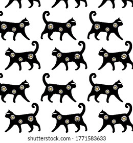 black cat floral pattern cute seamless
