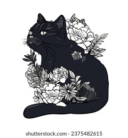 Black cat with flowers. Cool and cute familiar cat for printing on stickers, prints, logos. blank for the designer