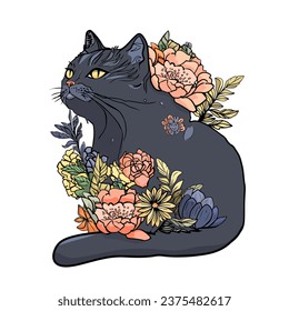 Black cat with flowers. Cool and cute familiar cat for printing on stickers, prints, logos. blank for the designer