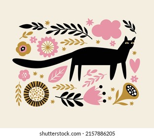 Black Cat and flowers, greeting card, banner, poster