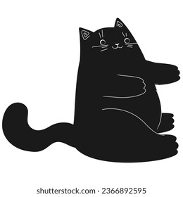 Gato negro. Flauta tira de gato gordo. Los animales saludan. Gatito negro de Halloween. Ilustración del vector de color texturado a mano aislada en blanco.