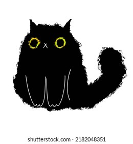 Black cat. Fluffy fat cat paw. Animal greets. Black Halloween kitten. Hand drawn textured watercolor vector illustration.