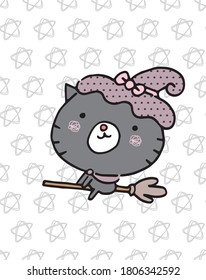 Black Cat in the flying broomstick. Halloween Cartoon. Vector Illustration.