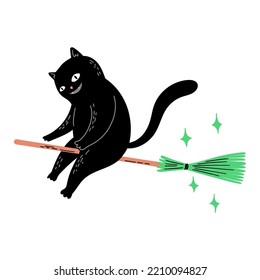 Black Cat Flying On The Broomstick. Hand Drawn Halloween Illustration