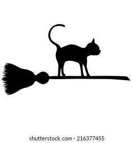 Black cat flying on a sweeper. Vector illustration to Halloween. Halloween banner .