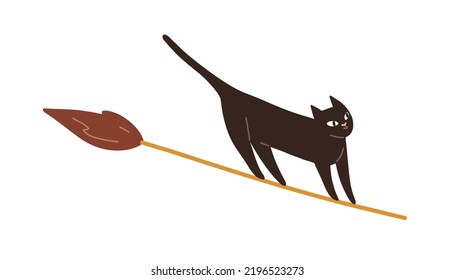 Black cat flying on witch broom. Cute funny creepy kitty flies on Helloween holiday. Spooky adorable feline animal, magic kitten. Childish flat vector illustration isolated on white background