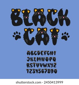 Black Cat Font. Cute Pet Alphabet. Kids Cartoon Animal Typography Abc. Funny Halloween Letters and Numbers.