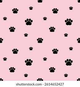 Black cat footprint on pink background drawing illustration vector seamless pattern. Simple design.