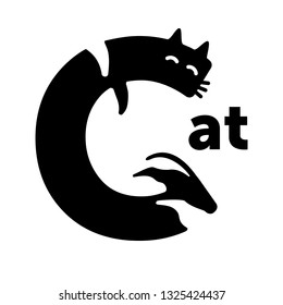 Black cat in the form of a letter "C" in white background. Simple vector sign. Can use for print on postcard, textile or like icon for web site about pets