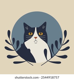 Black cat in frame aesthetic boho card. Domestic kitty 2d illustration. Cat life concept