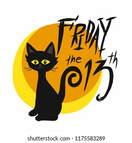 Black cat Friday 13th and full moon cartoon vector illustration 