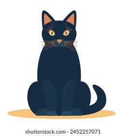 Black Cat front view. Cute pet animal. Sitting Cat or kitten icon. Vector illustration isolated on white background.