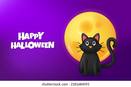 Black cat with full moon cute 3d illustration for halloween party banner concept with purple background