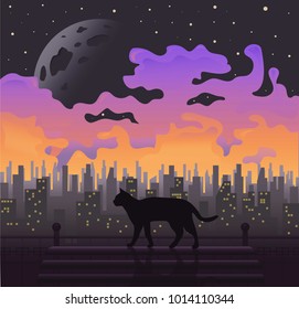 Black cat at full moon. purple background Vector