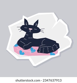 Black cat funny cartoon character for stickers and prints, clothes decoration, flat vector illustration isolated.