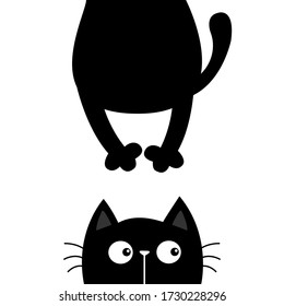 Black cat. Funny face head silhouette. Kawaii animal. Hanging fat body paw, tail. Baby card. Notebook cover. Cute cartoon character. Pet collection. Flat. White background. Vector illustration