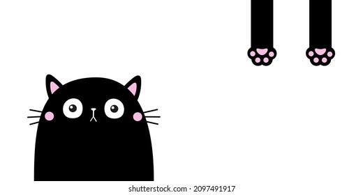 Black cat. Funny face head silhouette. Hanging body paw print, tail. Kawaii animal. Baby card. Notebook cover. Sticker print. Cute cartoon character. Pet collection Flat design White background Vector