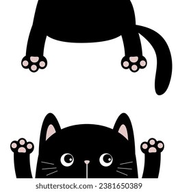 Black cat. Funny face head silhouette. Cute cartoon character. Hanging body paw print, tail. Hands up. Kawaii animal. Baby card. Notebook cover. Pet collection. Flat design. White background. Vector