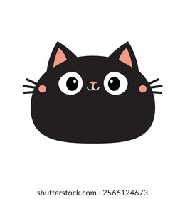 Black cat funny face head silhouette. Smiling kitty kitten. Cute cartoon character. Childish style. Happy Valentines Day. Love Greeting card. Flat design. White background Isolated Vector illustration