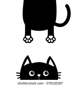 Black cat Funny face head silhouette looking up. Hanging fat body with paw print, tail. Cute cartoon character. Kawaii animal. Baby pet card. Flat design. White background Isolated Vector illustration