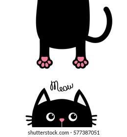 Black cat Funny face head silhouette. Meow text. Hanging fat body with paw print, tail. Cute cartoon character. Kawaii animal. Baby card. Pet collection. Flat design White background. Isolated. Vector