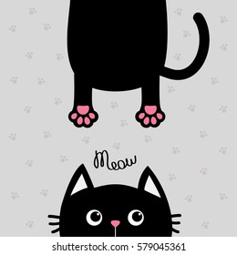 Black cat Funny face head silhouette. Meow text. Hanging fat body with paw print, tail. Cute cartoon character. 
