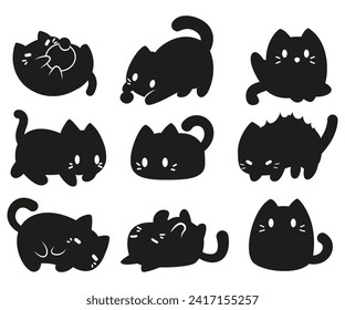 Gatos negros poses graciosas, gatito juguetón, adorable ilustración de dibujos animados vectoriales de mascotas