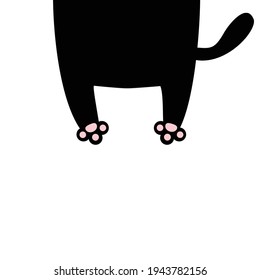 Black cat. Funny silhouette. Hanging fat body with paw print, tail. Kawaii animal. Cute cartoon baby character. Pet collection. Flat design. Sticker print. White background. Vector illustration