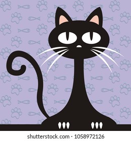 black cat, funny vector illustration and background with fishes and paws
