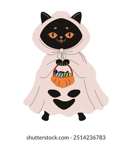 Black cat in ghost costume asking for candies flat color vector illustration. Pet playing trick or treat Halloween character icon on white background