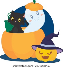 Black Cat and Ghost in Pumpkin