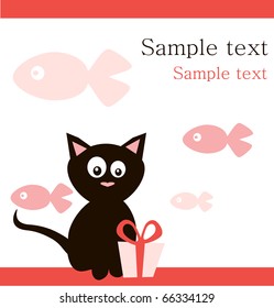 Black cat  with gift on fish background .