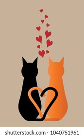 Black cat and ginger cat sat together with their tails forming a love heart, with red hearts stretching above them.