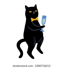 Black Cat With Glass Of Sparkling Wine