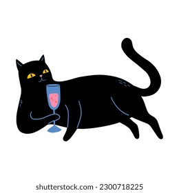 Gato Negro Con Vidrio De Vino Espumoso