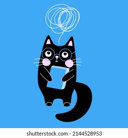 Black cat with glasses and a book in its paws. Thoughts in the form of a ball of threads above the head. Scientist cat. The concept of knowledge, study, teaching, science. World book day