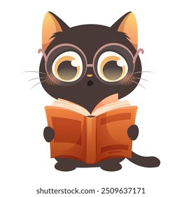 Gato negro con gafas leer libro. Gatito lindo dibujado. Ilustración vectorial sobre fondo blanco