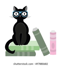 Black cat with glasses sitting on books. Vector illustration