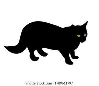 Black cat with glowing green eyes isolated on white background. Dark kitty shadow icon, vector flat design eps 10