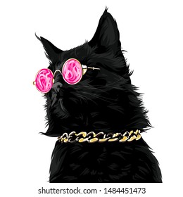 A black cat with golden pink glasses and a gold chain. Vector illustration.