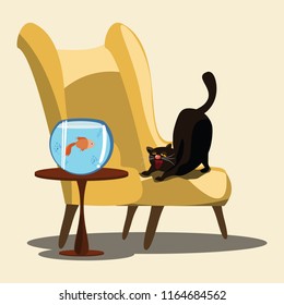 black cat and goldfish vector illustration 