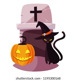 black cat with gravestone and pumpkin