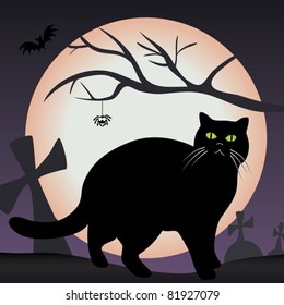 Black cat in the graveyard - scary halloween vector illustration with full moon in the background