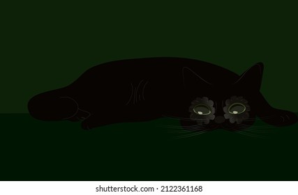 Black cat with green eyes in different poses, vector illustration