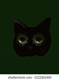 Black cat with green eyes in different poses, vector illustration