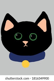 Black cat with green eyes, grey background,cute vector drawing